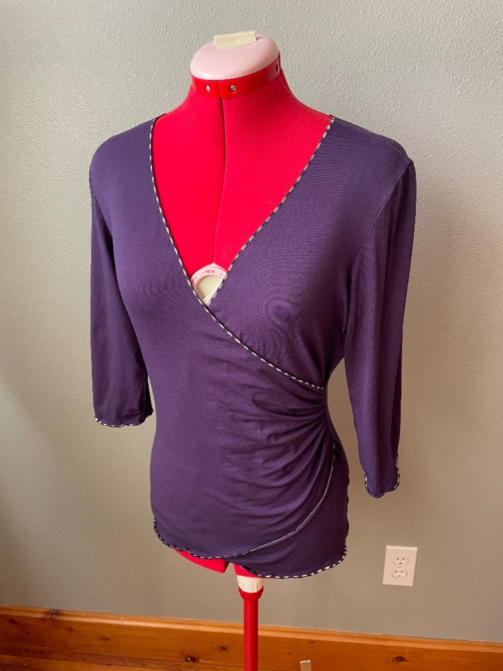 Max Studio Purple Wrap Top V-Neck, Side Ruching with White Trim, Size Small